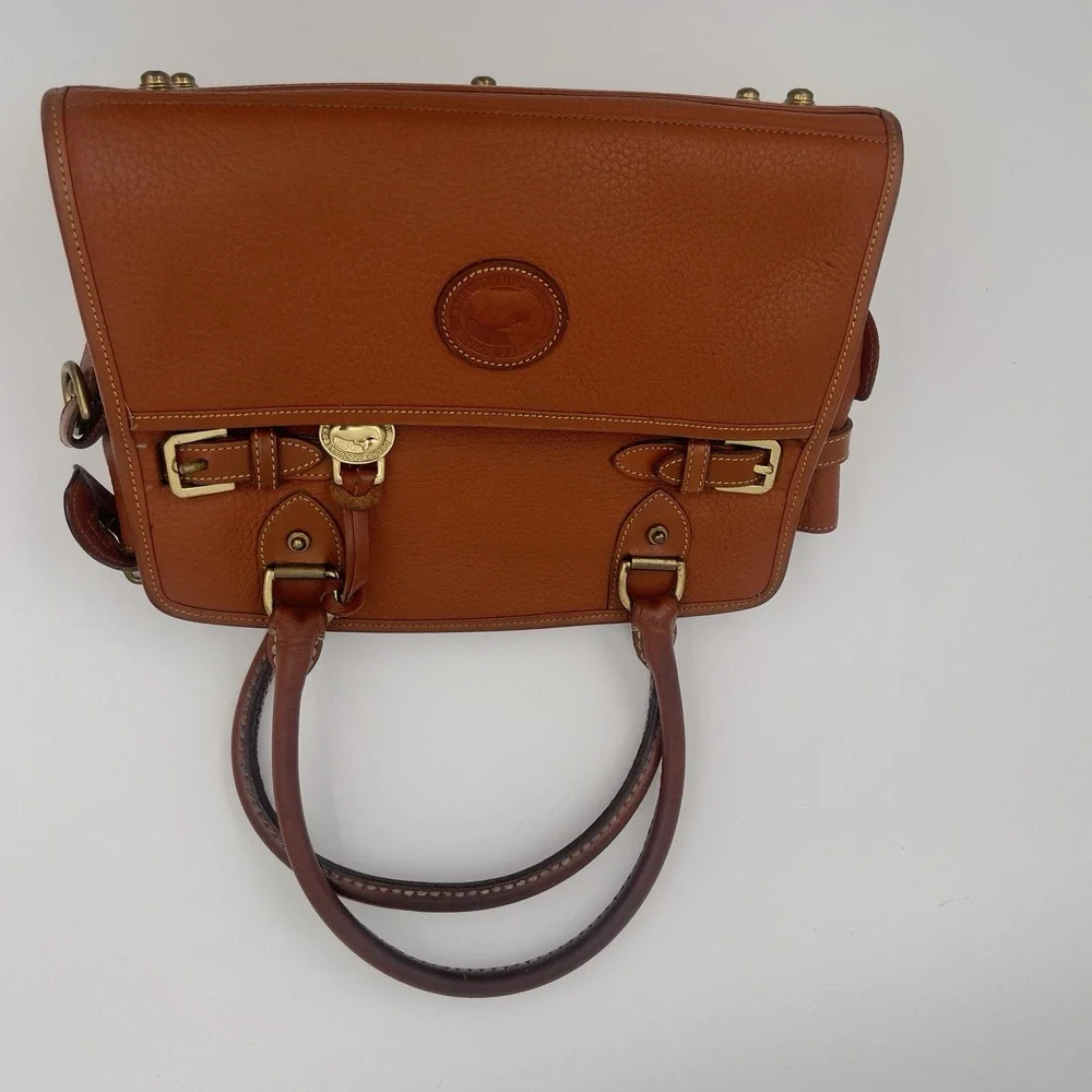 Dooney & Bourke Brown Pebbled Satchel Top Handle Bag Gold Hardware Zip Strap